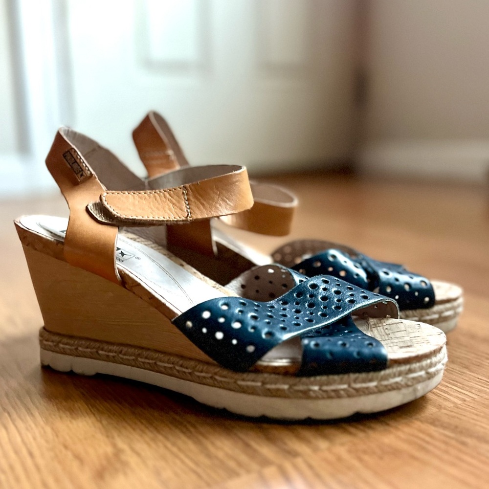 Pikolinos Wedge Leather Sandals Blue Tan Brown Ankle Strap Sz 40 9 9.5